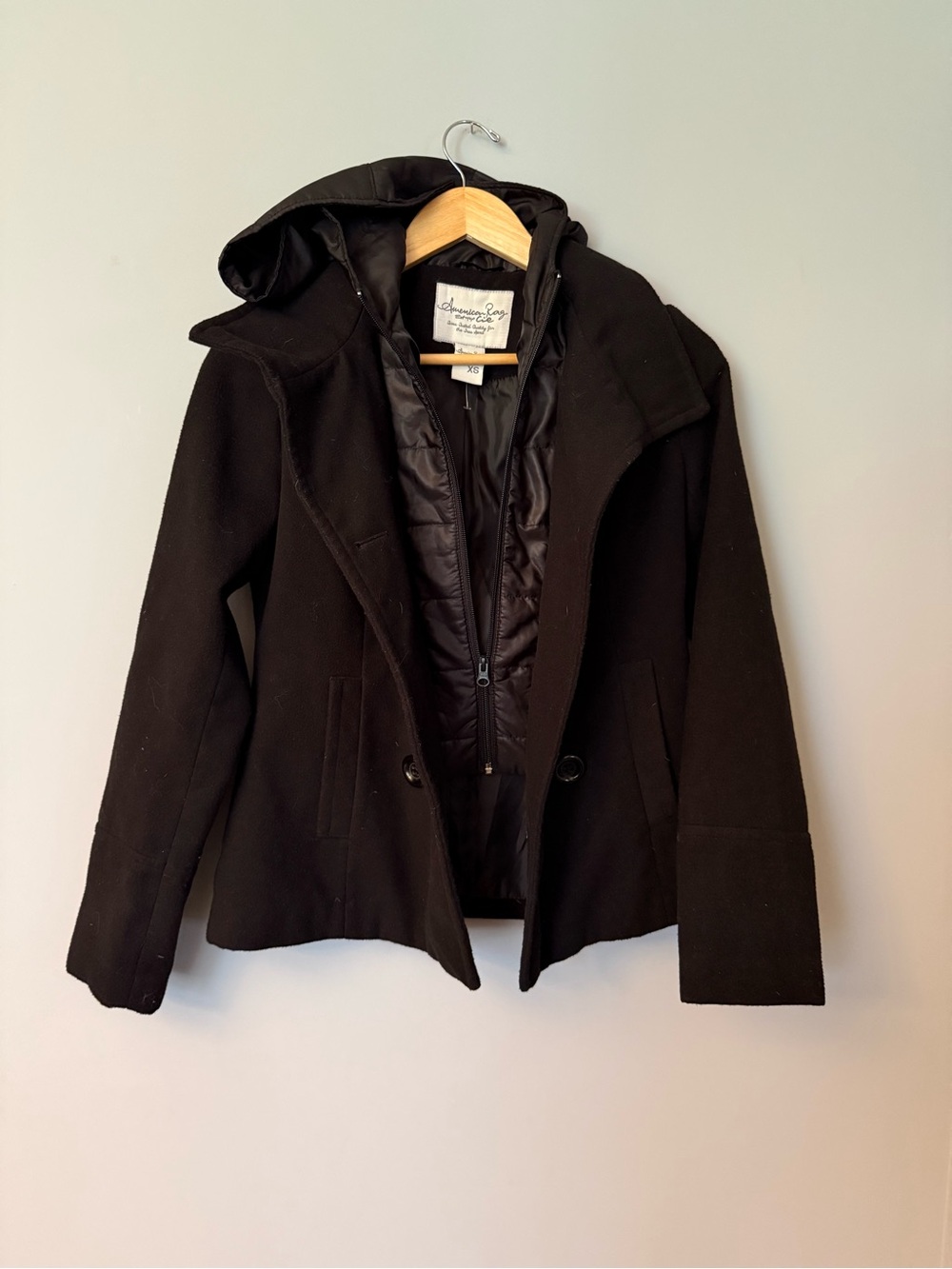 American Rag Black Hooded Pea Coat with Quilted Inner Vest